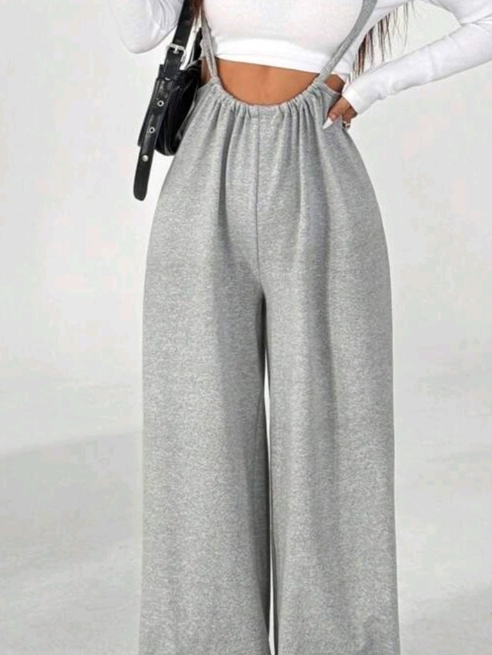 High-Waist Wide Leg Suspender Pants - Gray